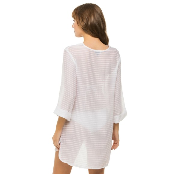 J. VALDI V-Neck Lace Up Tunic White Swim XS X-small Sheer Stripe New with Tag - Picture 2 of 7